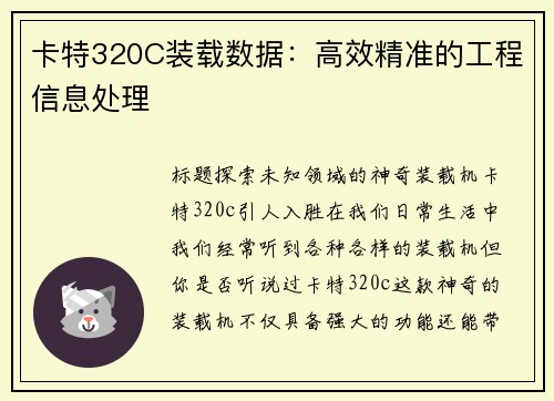 卡特320C装载数据：高效精准的工程信息处理