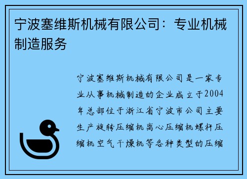 宁波塞维斯机械有限公司：专业机械制造服务